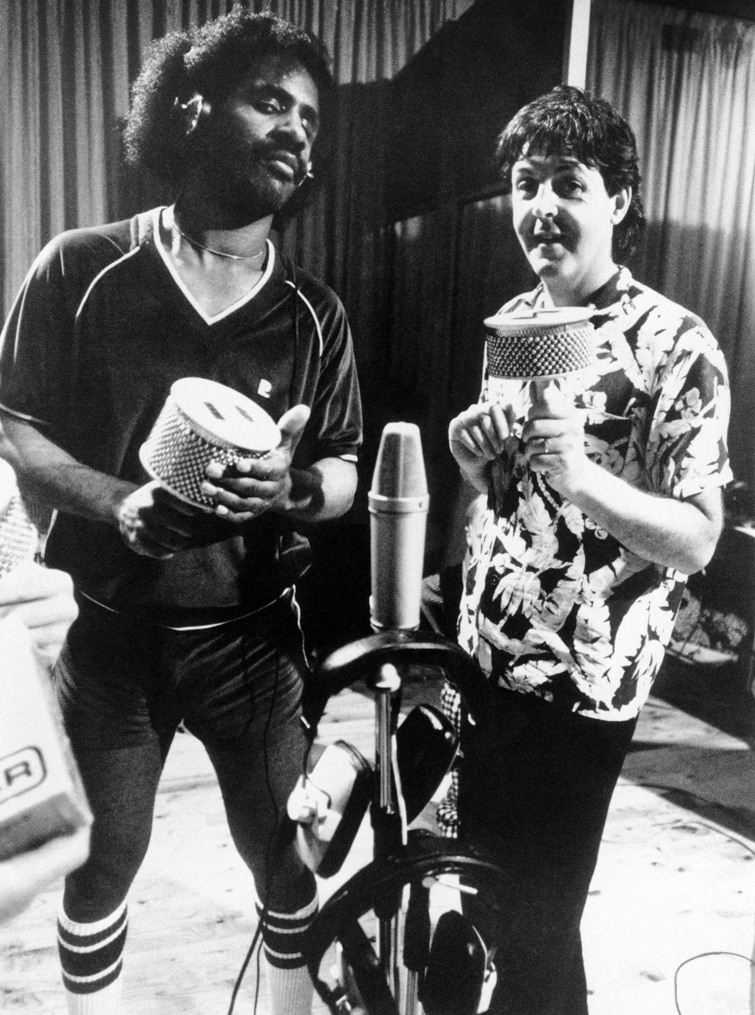 Stevie Wonder and Paul McCartney recording in Montserrat. “Ebony and Ivory” and “What’s That Your Doing” were released on 1982’s <i>Tug of War</i>.